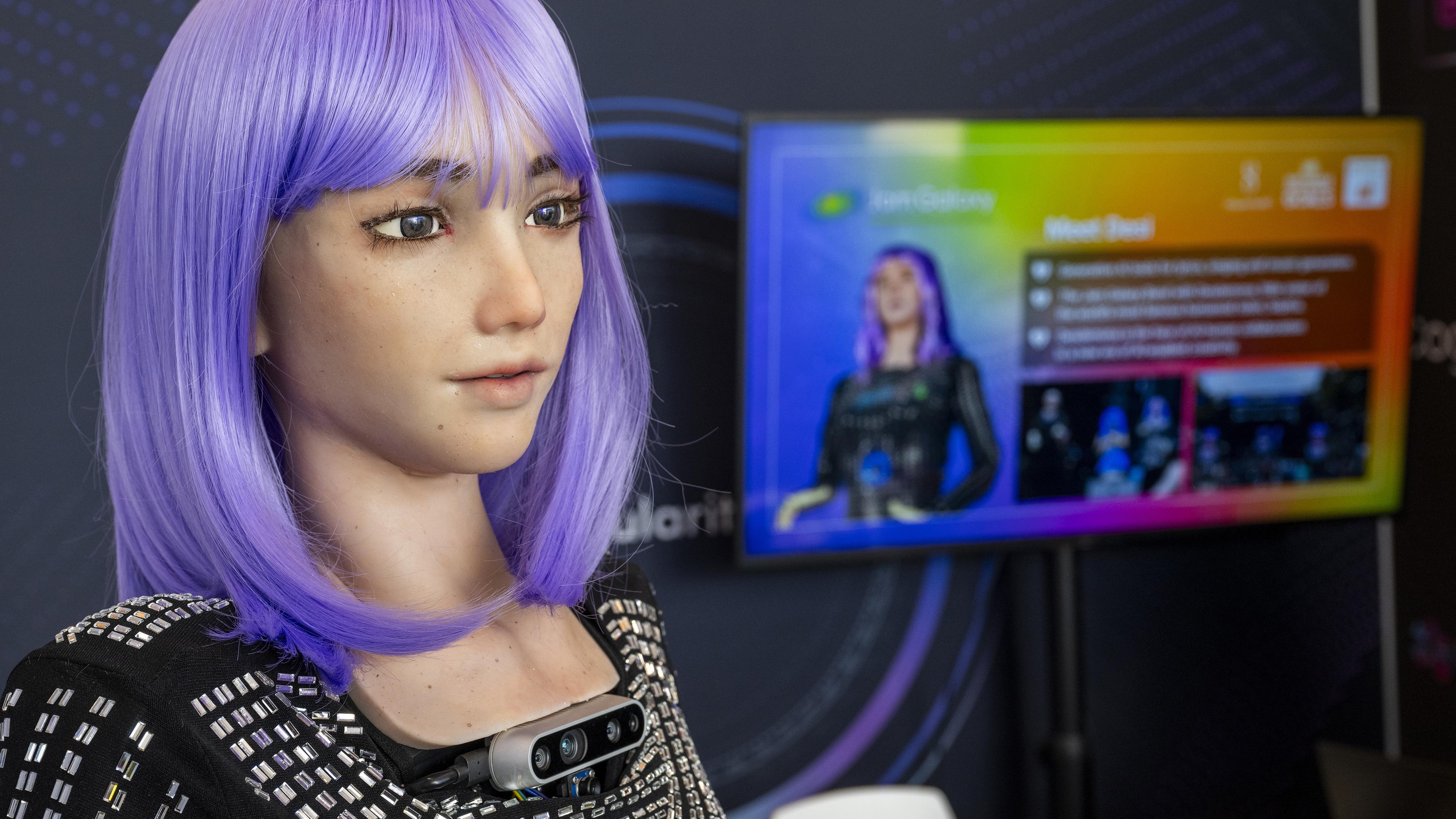 Schweiz, Genf: Der humanoide Roboter Desdemona wird während des ITU AI for Good Global Summit präsentiert.