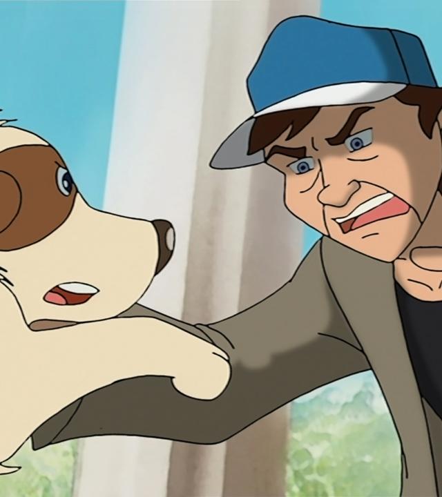 Auf dem Foto sieht man einen der Hundediebe, wie er mit böser Miene versucht einen Hund zu fangen. Der Hund hat Angst und versucht zu entkommen.