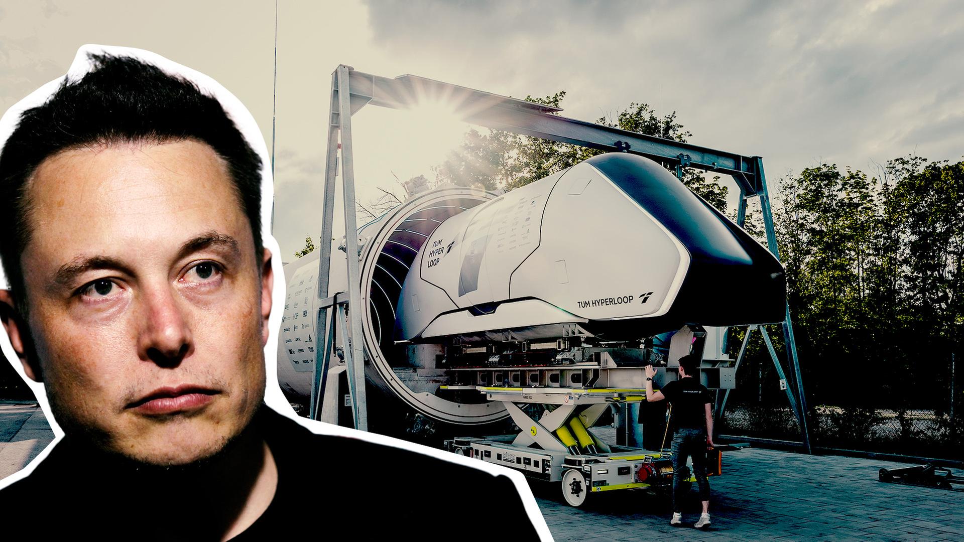 Ein Cut Out von Elon Musk vor seinem Projekt, dem "Hyperloop".