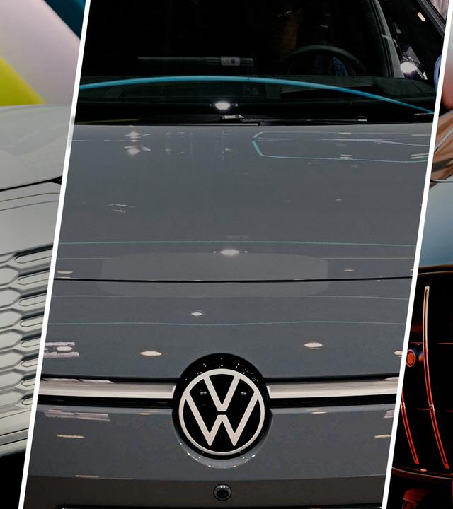 Zu sehen sind die Logos der deutschen Autohersteller Audi (l.), Volkswagen (Mitte) und Mercedes (r.). 