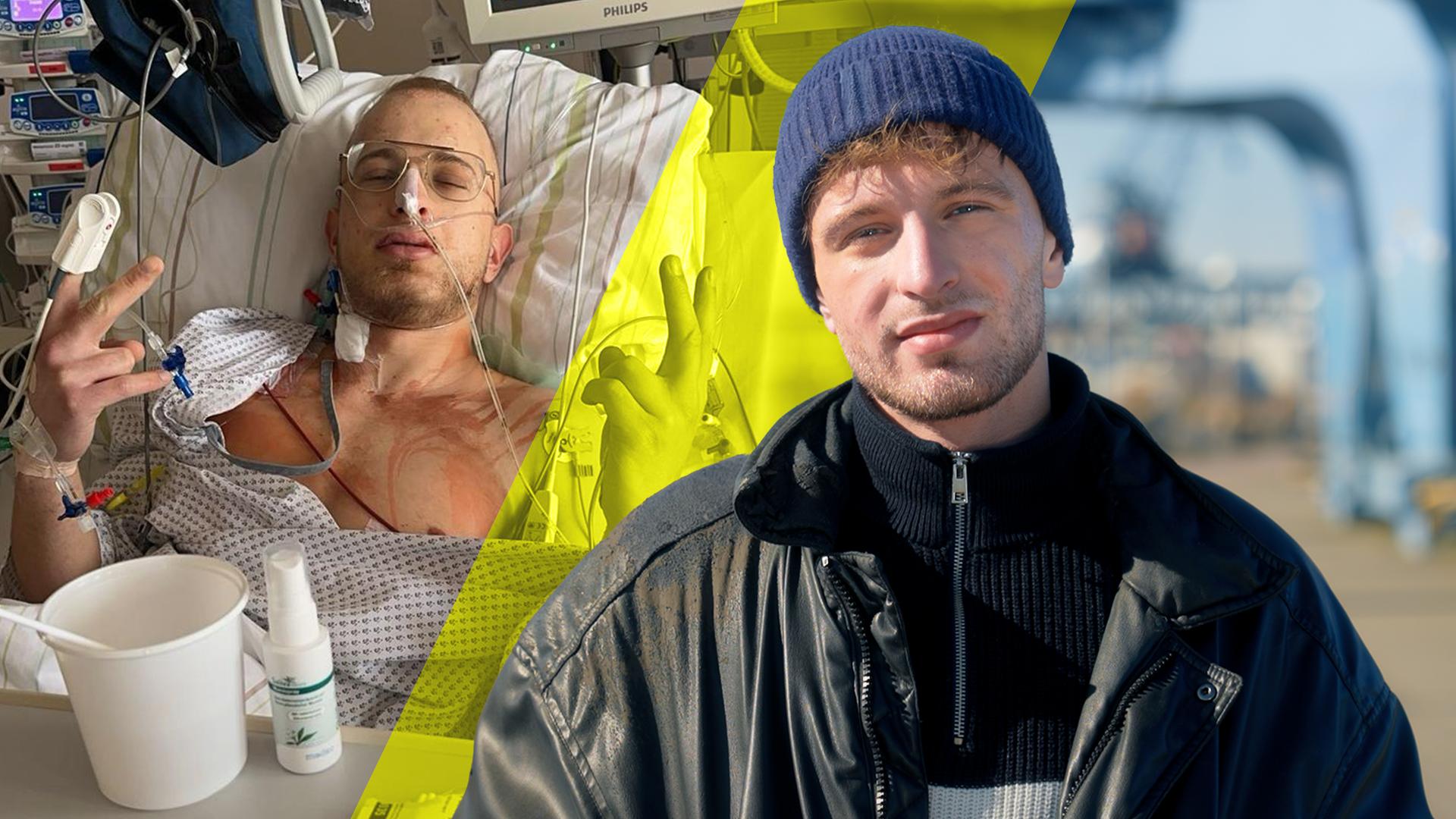 Rechts im Bild: Ian trägt eine schwarze Jacke und eine blaue Mütze und schaut in die Kamera. Links: Ian im Krankenbett an diverse Geräte angeschlossen und zeigt mit beiden Händen jeweils das Peace Zeichen.