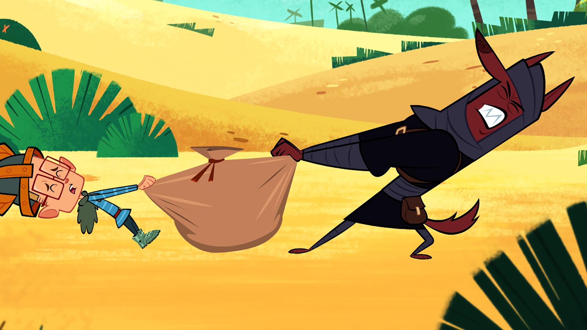 Marcus und einer der vierzig Räuber ziehen jeweils an einem Ende des Stoffsackes, indem alle Einkäufe von Marcus verstaut sind. Keiner der beiden gibt nach, dabei braucht Marcus die Sachen doch dringend für seine nächste Mission.