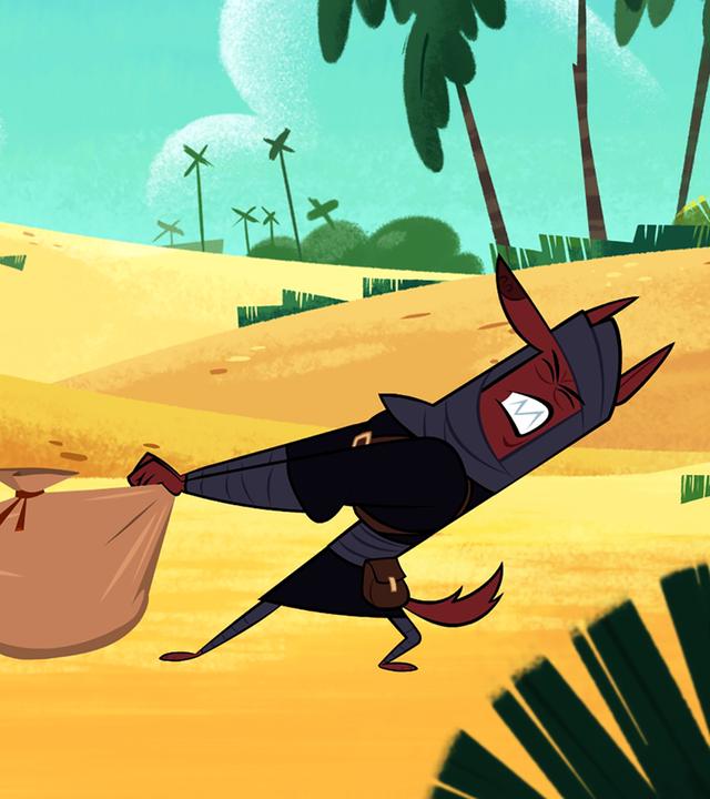 Marcus und einer der vierzig Räuber ziehen jeweils an einem Ende des Stoffsackes, indem alle Einkäufe von Marcus verstaut sind. Keiner der beiden gibt nach, dabei braucht Marcus die Sachen doch dringend für seine nächste Mission.