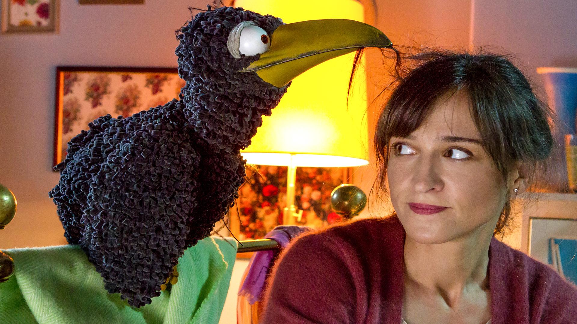 Rabe Rudi fummelt mit dem Schnabel in den Haaren von Siebenstein.