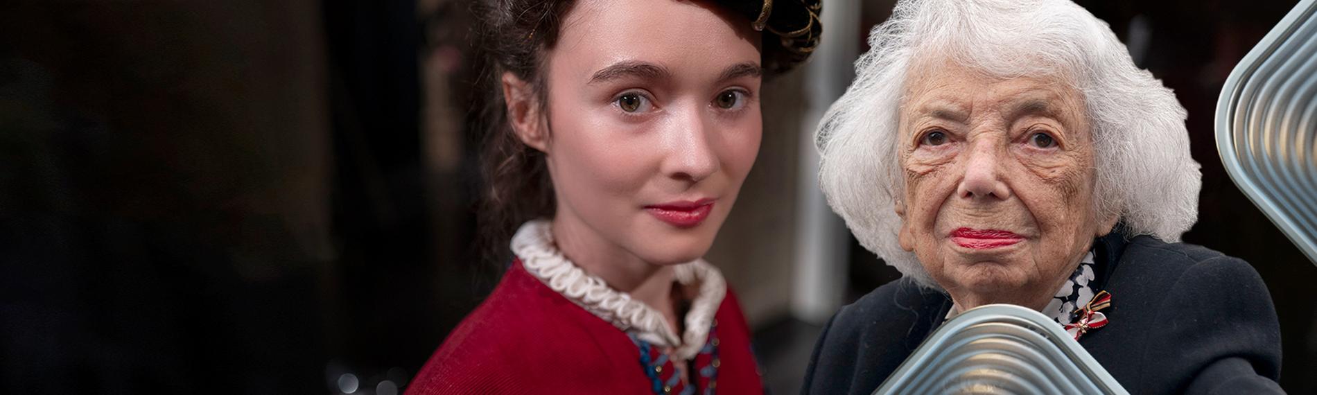 Schauspielerin Julia Anna Grob in ihrer Rolle als junge Margot Friedländer neben der realen Person Margot Friedländer