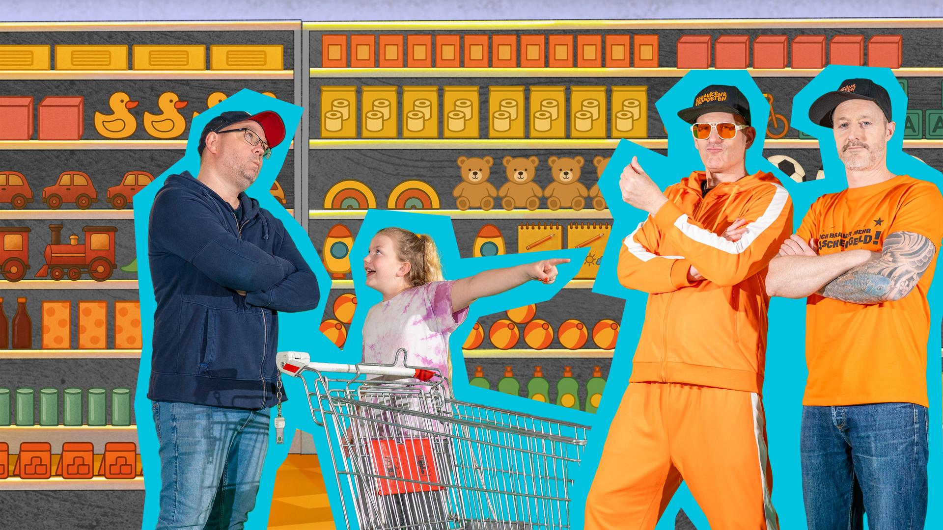 Rabauken und Trompeten stehen gemeinsam mit einem Kind in einem Einkaufsladen.