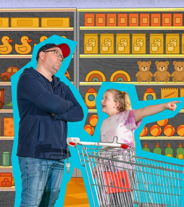 Rabauken und Trompeten stehen gemeinsam mit einem Kind in einem Einkaufsladen.