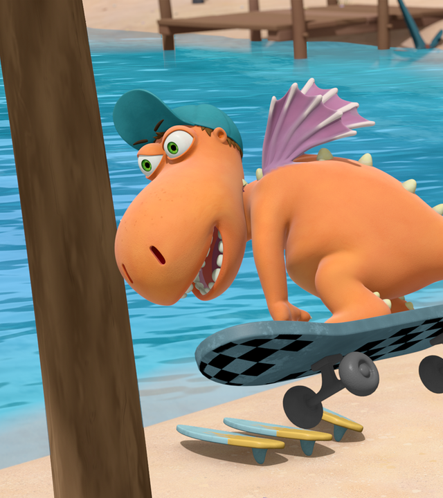 Kokosnuss fährt auf dem Skateboard und wird von Desiree verfolgt, die ebenfalls Skateboard fährt.