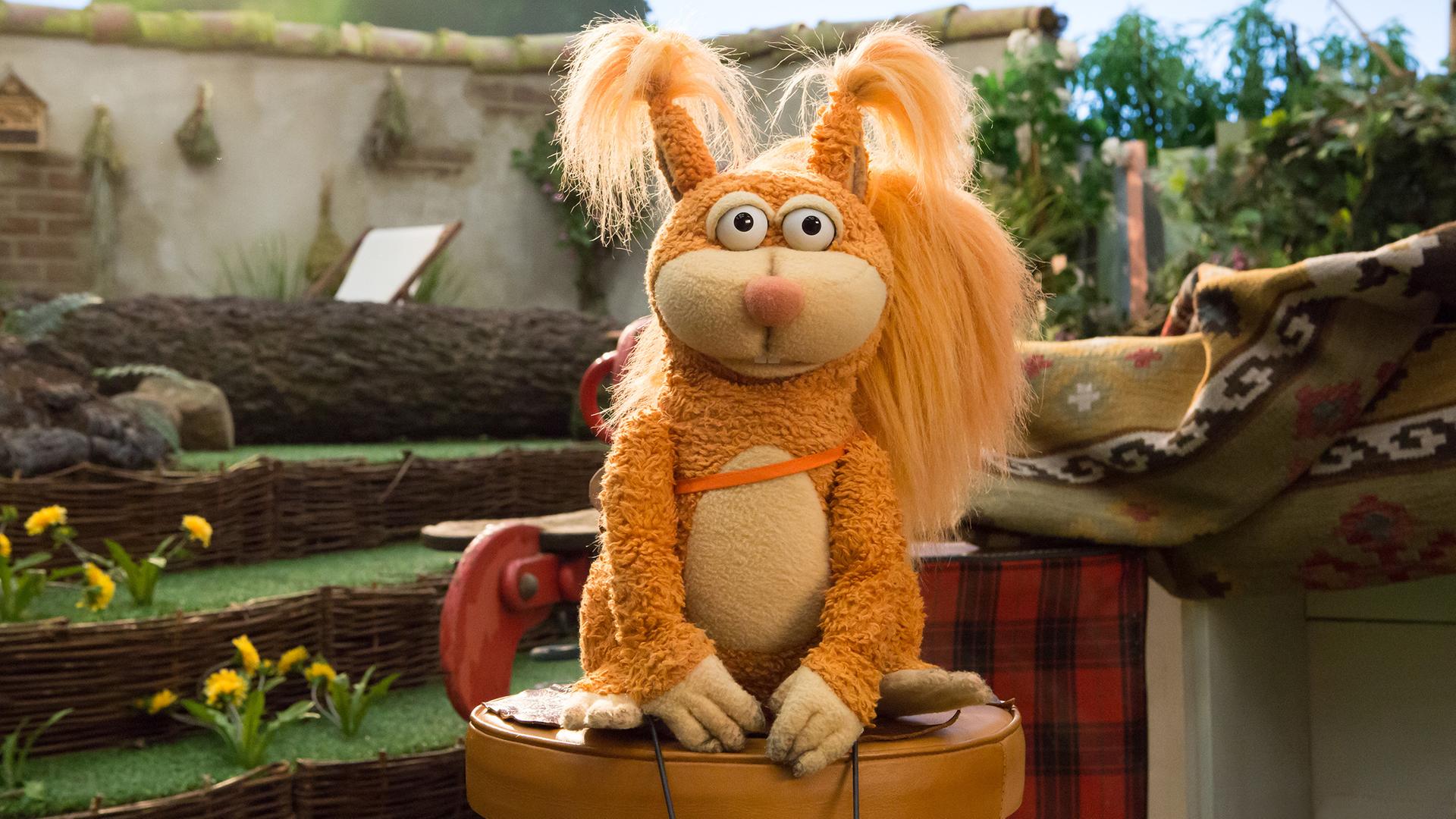 Hase Otto, Eichhörnchen Ella und Rabe Rudi sind am Möhrenbeet. 