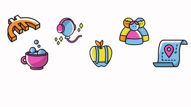 Illustrative Symbole wie Tasse, Kopfhörer, Apfel und Standort markieren unterschiedliche Benefits im Arbeitsumfeld. Die Darstellung vermittelt ein vielfältiges Angebot an Zusatzleistungen.