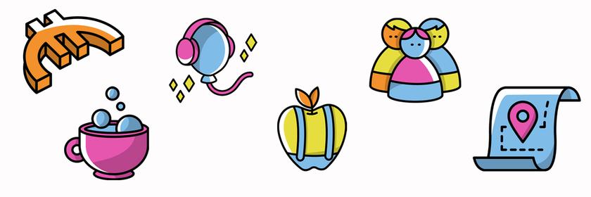 Illustrative Symbole wie Tasse, Kopfhörer, Apfel und Standort markieren unterschiedliche Benefits im Arbeitsumfeld. Die Darstellung vermittelt ein vielfältiges Angebot an Zusatzleistungen.