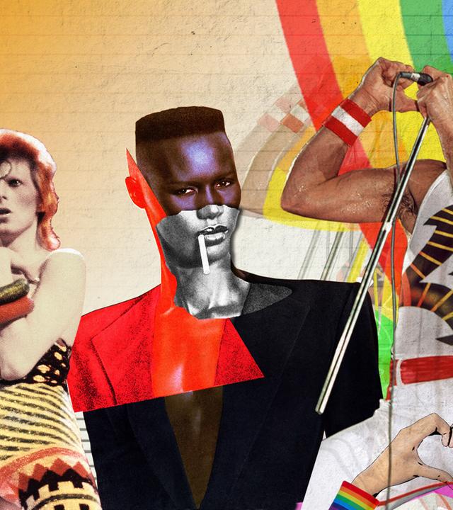 Collage von David Bowie in auffälligem Outfit, Grace Jones im avantgardistischen Stil und Freddie Mercury in ein Mikrofon singend vor einem Regenbogenhintergrund, darüber eine Discokugel.