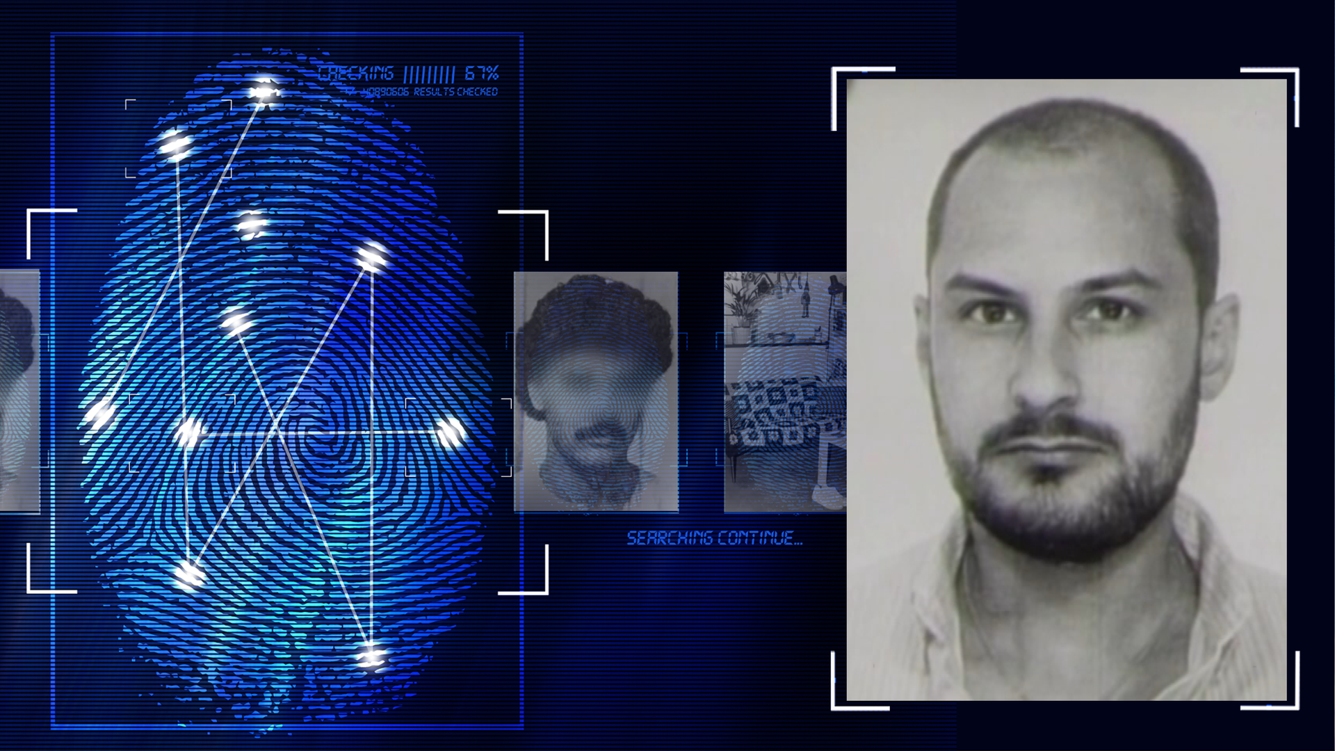 Portraitfoto eines 29 Jahre alten Mannes. Er schaut neutral in die Kamera. Er trägt einen Vollbart (Dreitagebart). Hat stoppelig rasiertes Haupthaar und trägt ein helles Oberteil. Links daneben: Lichtschematische Darstellung eines Fingerabdrucks.