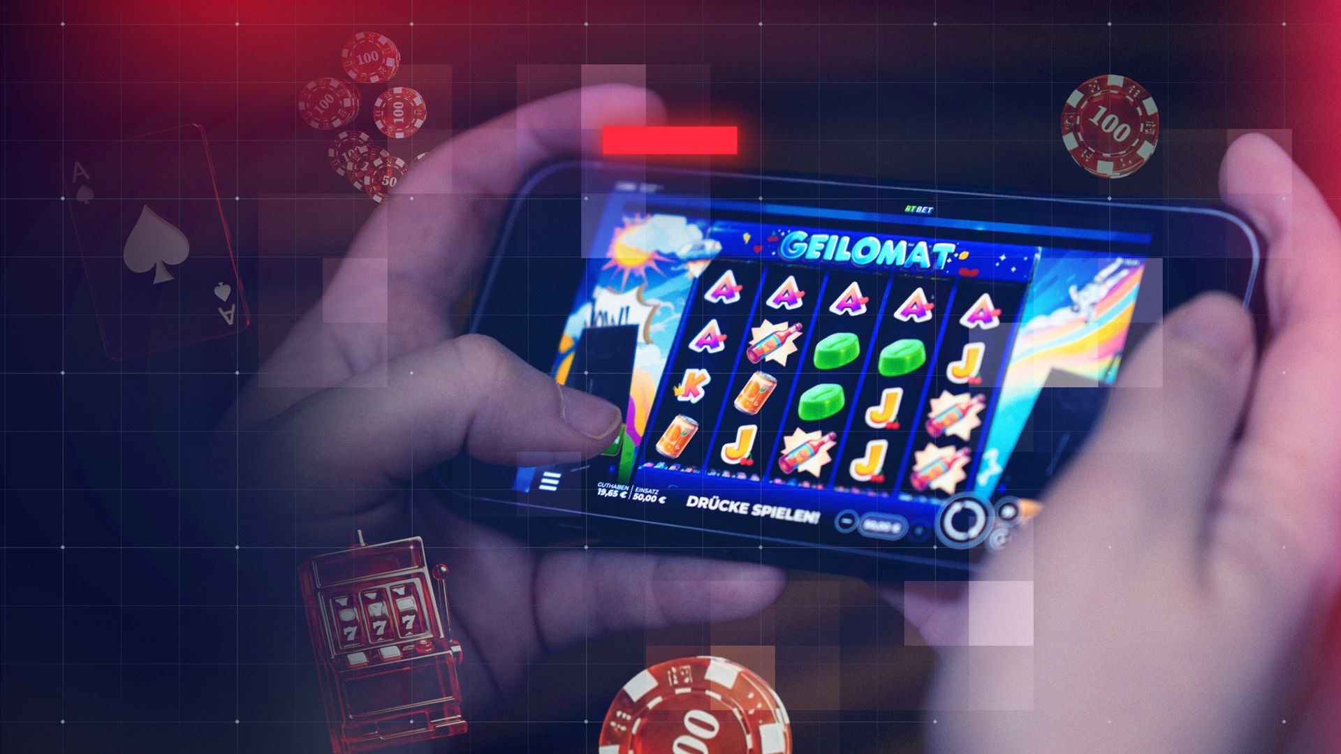Smartphone, das in Händen gehalten wird und auf dem die Internetseite eines illegalen Online-Casinos mit dem legalen Spiel "Geilomat" zu sehen ist und umhüllt ist von Symbolen aus dem Glücksspiel wie beispielsweise Spielkarte oder Roulette-Chips