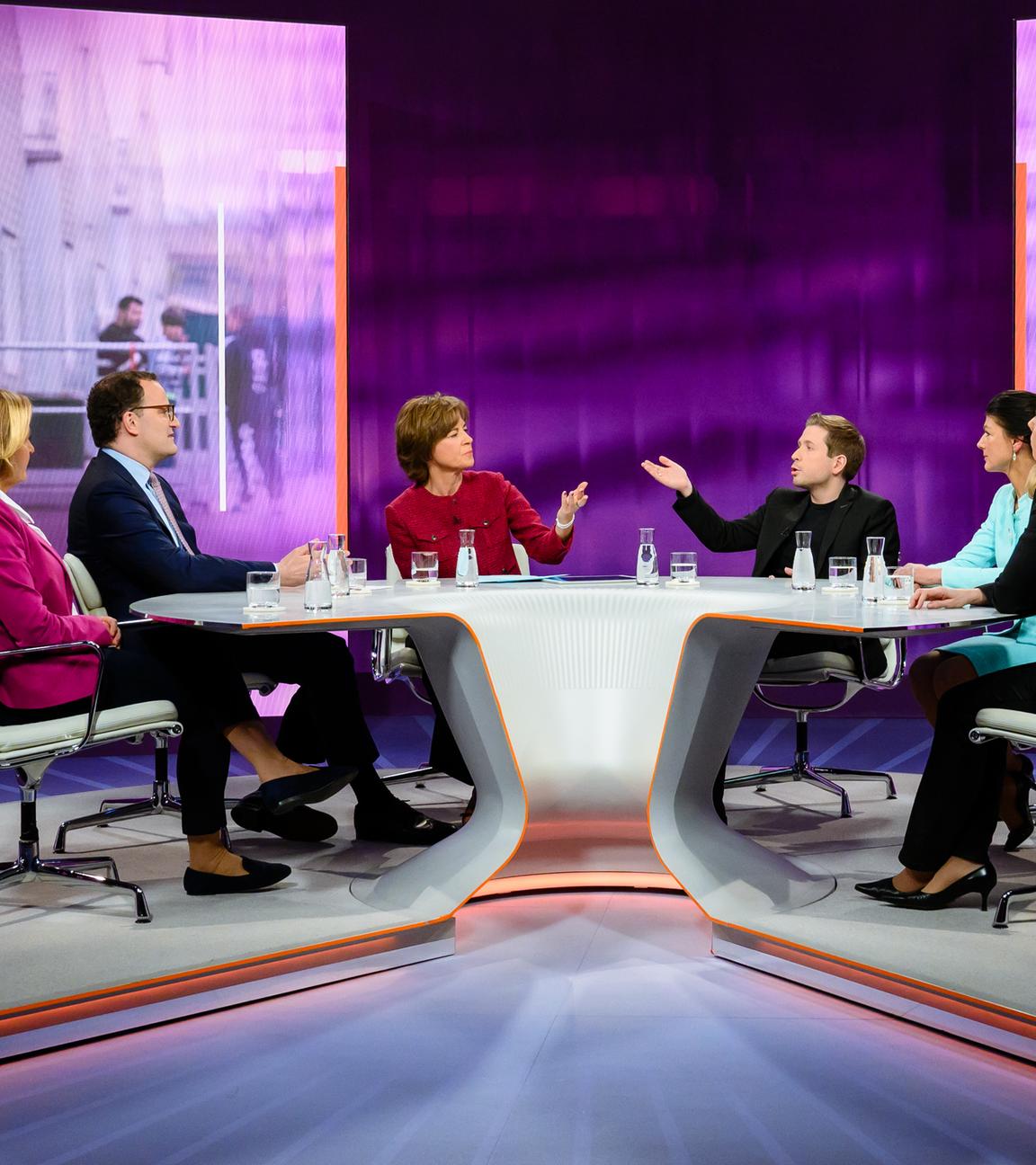Von links: Beatrix von Storch, Jens Spahn, Maybrit Illner, Kevin Kühnert, Sahra Wagenknecht, Melanie Amann