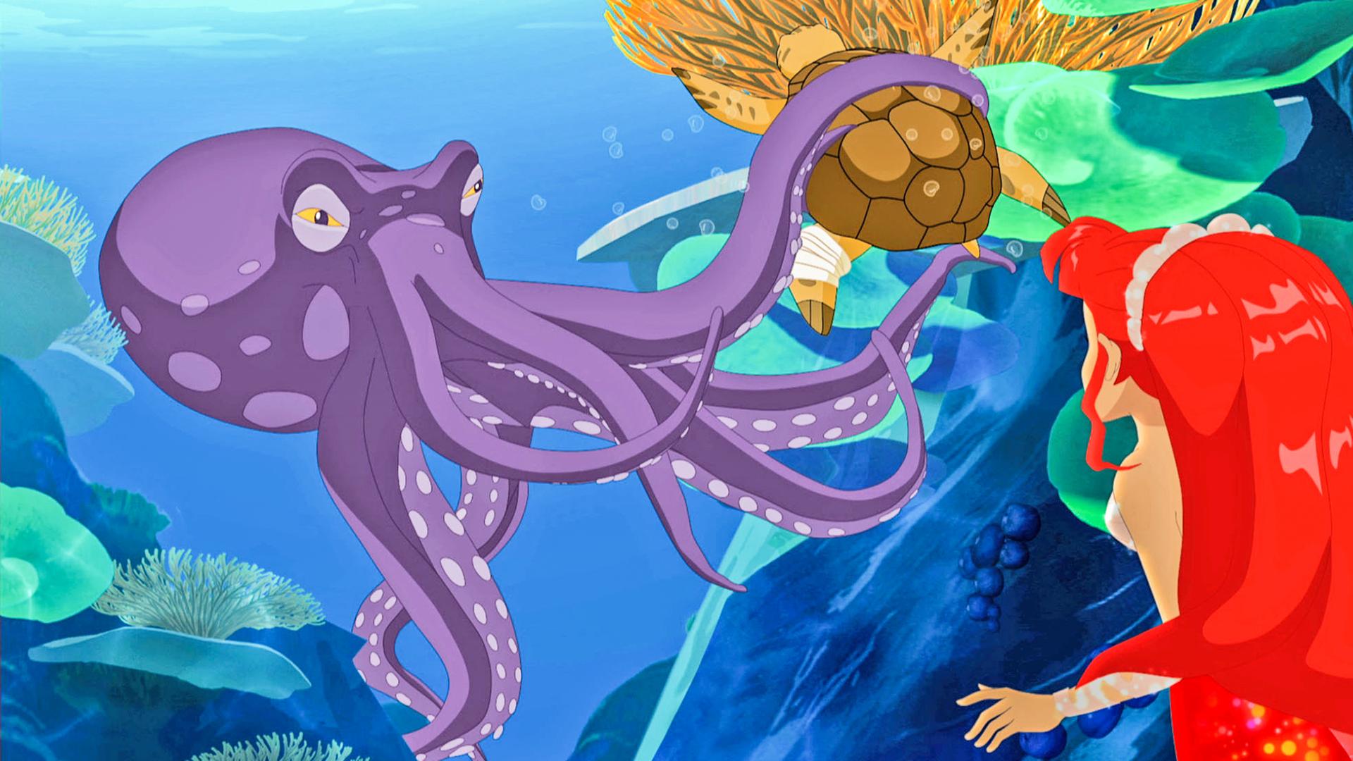 Rikki schaut zu, wie eine Schildkröte von einem Oktopus gefangen gehalten wird.