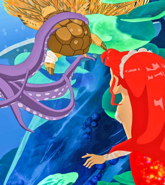 Rikki schaut zu, wie eine Schildkröte von einem Oktopus gefangen gehalten wird.