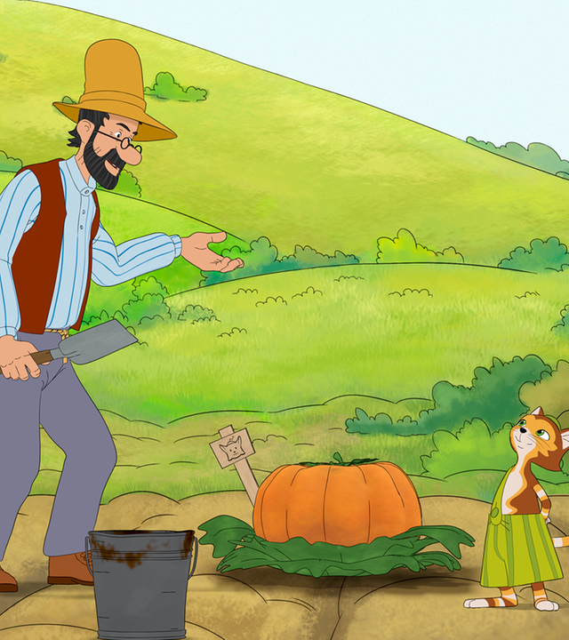 Pettersson und Findus stehen vor ihrem Kürbis auf dem Acker.