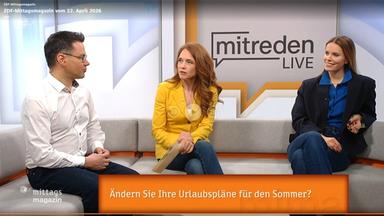 Screenshot ZDF-mittagsmagazin vom 22.04.26 Moderationscouch mit Moderatoren und der Frage eingeblendeten Frage nach dem Änderungsbedarf beim Urlaubsplänen bei Zuschauern