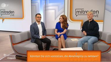 Auf der Couch des ZDF-Mittagsmagazins sitzen von links nach rechts : Özden Terli, Moderatorin Mirjam Meinhardt und  Sportmoderator Marvin Kirsch