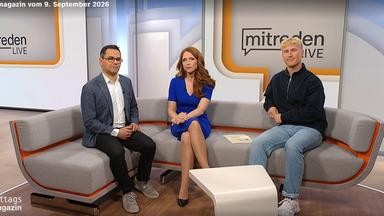 Auf der Couch des ZDF-Mittagsmagazins sitzen von links nach rechts : Özden Terli, Moderatorin Mirjam Meinhardt und  Sportmoderator Marvin Kirsch