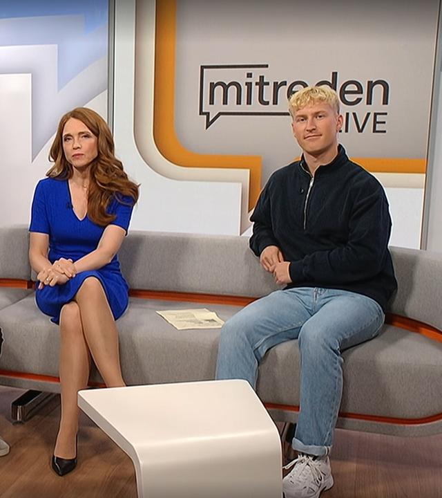 Auf der Couch des ZDF-Mittagsmagazins sitzen von links nach rechts : Özden Terli, Moderatorin Mirjam Meinhardt und  Sportmoderator Marvin Kirsch