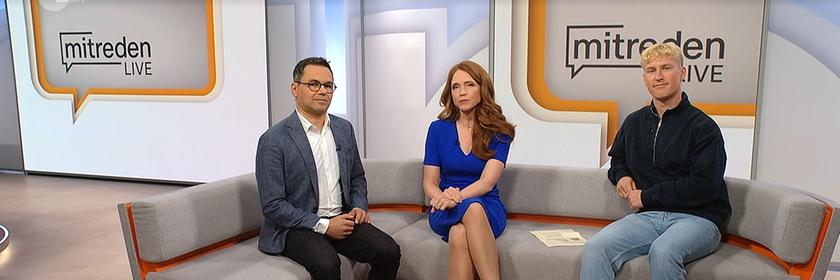 Auf der Couch des ZDF-Mittagsmagazins sitzen von links nach rechts : Özden Terli, Moderatorin Mirjam Meinhardt und  Sportmoderator Marvin Kirsch