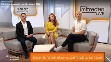 Auf der Couch des ZDF-Mittagsmagazins von links nach rechts: Wetterexperte Özden Terli, Moderatorin Mirjam Meinhardt und Sportmoderator Marvin Kirsch. Eingeblendet die ZDFmitreden-Frage des Tages: Würden Sie für mehr Hitzeschutz auf Parkplätze verzichten?  