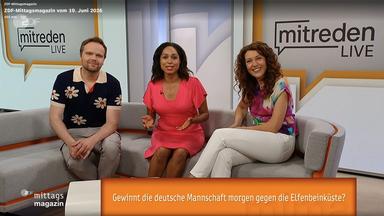 Screenshot ZDF-Mittagsmagazin-Couch mit Wettermoderator Benjamin Stöwe, Jana Paraigis und Lena Kesting, darunter eingeblendet die ZDFmitreden-live-Frage: Gewinnt Deutschland gegen die Elfenbeinküste