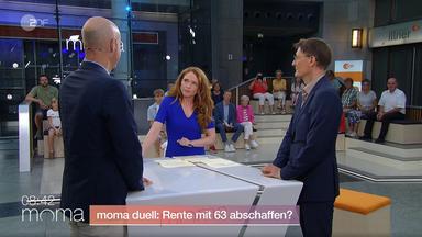 Screenshot aus "moma duell" zur Frührente im Zollernhof v.l.n.r. Marcel Fratzscher, Mirjam Meinhard und Karl Lauterbach