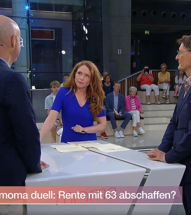 Screenshot aus "moma duell" zur Frührente im Zollernhof v.l.n.r. Marcel Fratzscher, Mirjam Meinhard und Karl Lauterbach