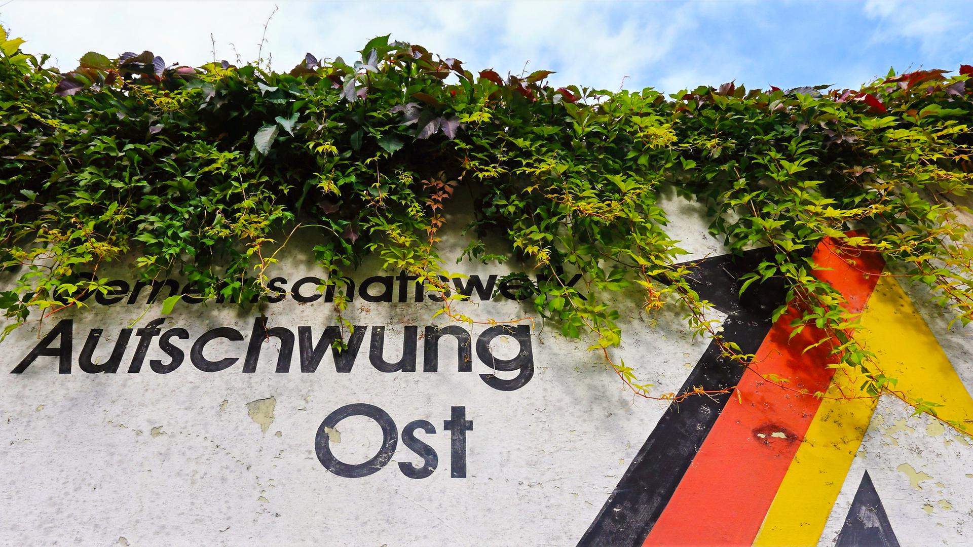 Ein verwitterter Anstrich mit dem Schriftzug "Aufschwung Ost" und den deutschen Nationalfarben, aufgenommen an einer Schallschutzwand in Magdeburg.