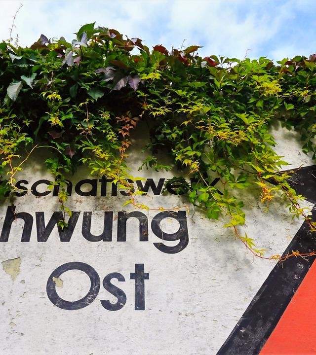 Ein verwitterter Anstrich mit dem Schriftzug "Aufschwung Ost" und den deutschen Nationalfarben, aufgenommen an einer Schallschutzwand in Magdeburg.