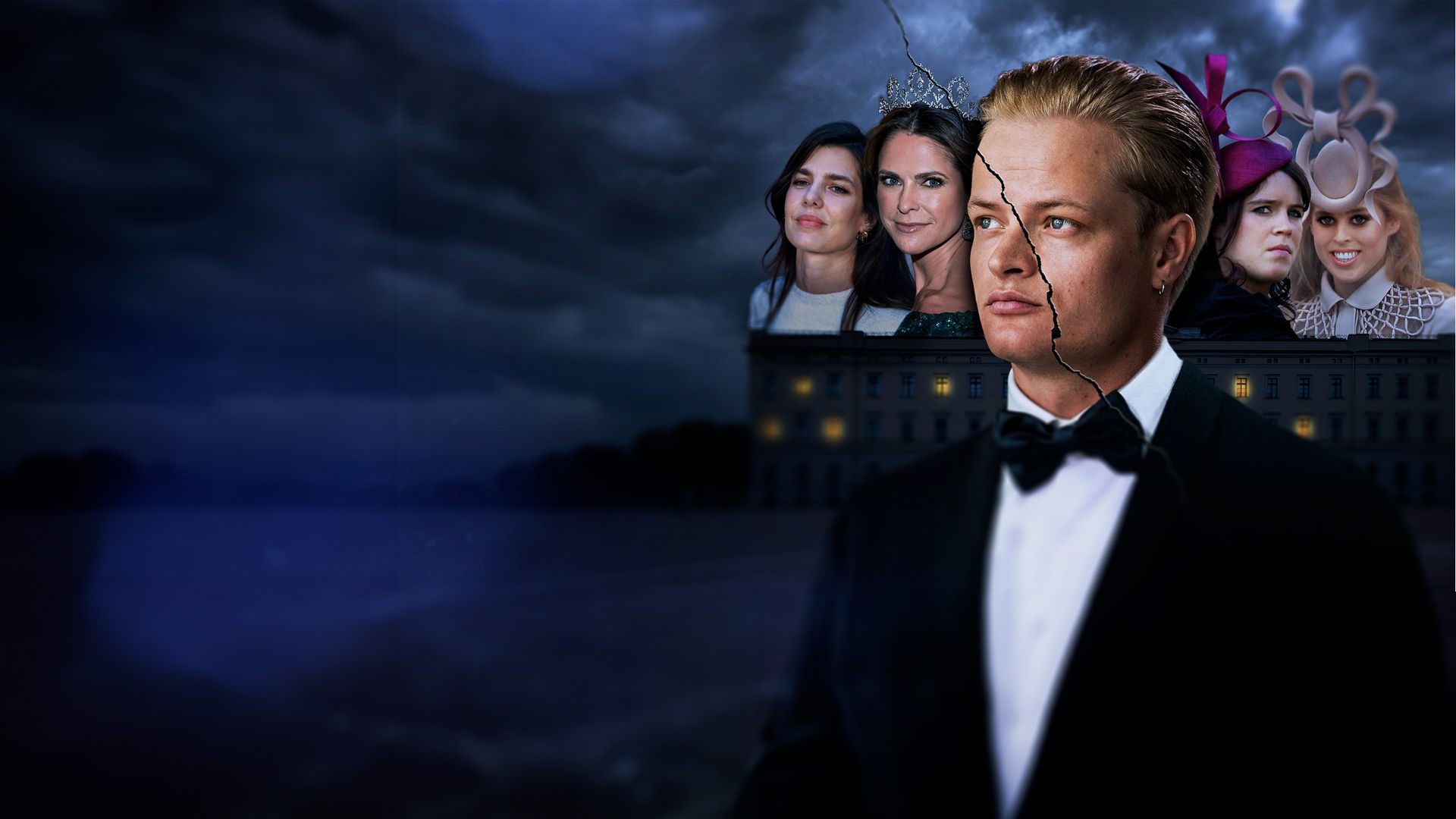 Vor dem Hintergrund eines Palasts im Mondschein, sieht man ganz im Vordergrund Marius Borg Hoiby aus Norwegen. Links daneben Charlotte Casiragi und Madeleine von Schweden. Rechts von ihm sieht man die York Schwestern Beatrice und Eugenie. 
