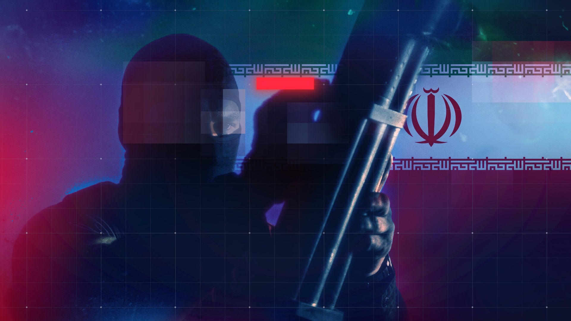 Montage: Nachgestellte Szene KI-gestützt - Vermummter, schwarz gekleideter Mann präpariert Waffe (Vordergund links), Iran-Flagge (Hintergrund rechts), darüber grafisches Raster-Overlay