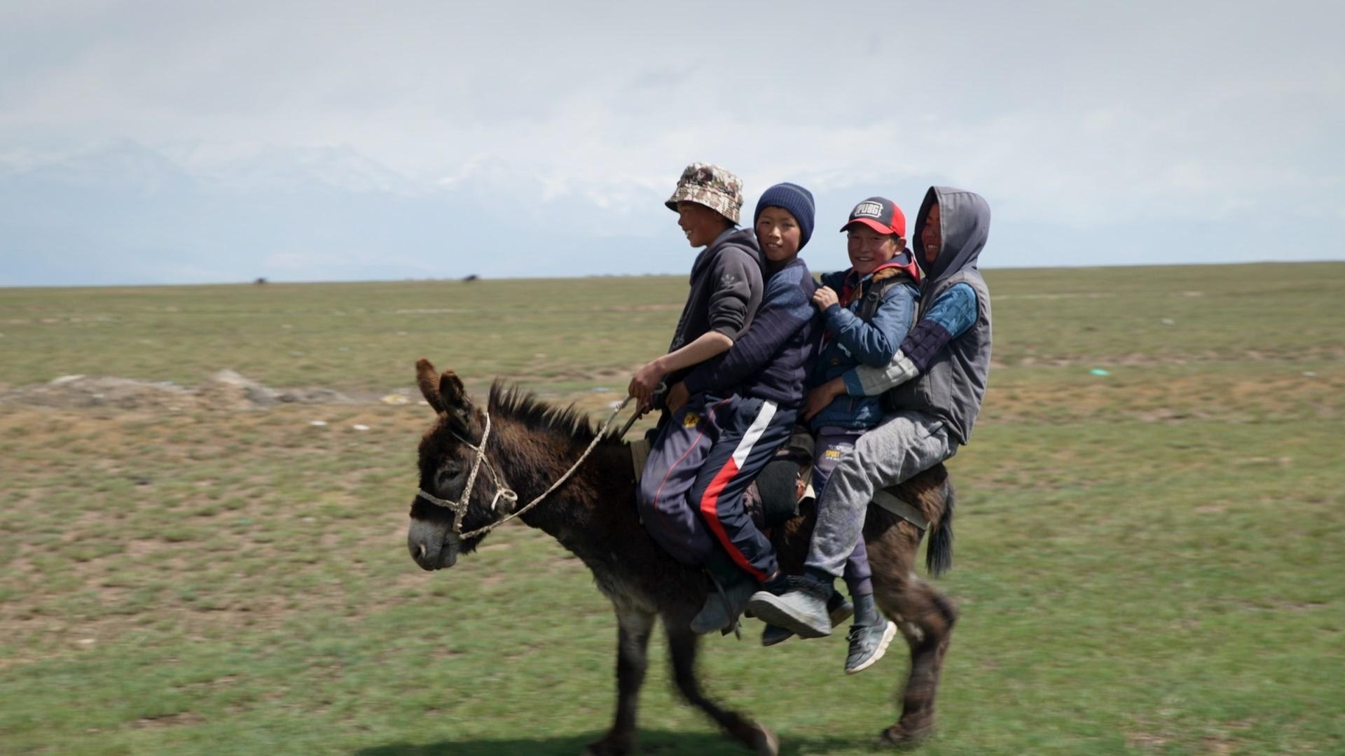  Kinder im kirgisischen Pamirgebirge reuten zu viert auf einem Esel.