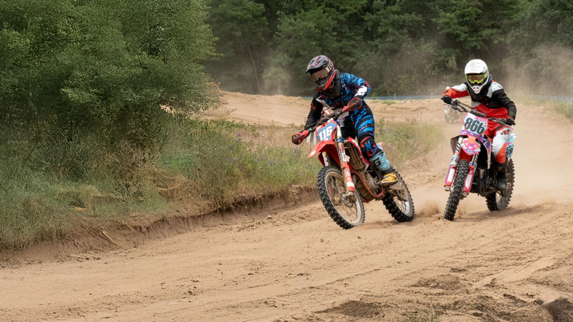 "SOKO Potsdam - Im toten Winkel": Auf einer staubigen Motocross-Strecke fahren zwei junge Fahrerinnen dicht nebeneinander durch eine Kurve. Links Sina Götz, rechts Melis Seyhan – beide in voller Schutzkleidung, mit Helm und Schutzbrille. Ihre Maschinen schleudern Sand auf, die Räder graben sich tief in den Boden.