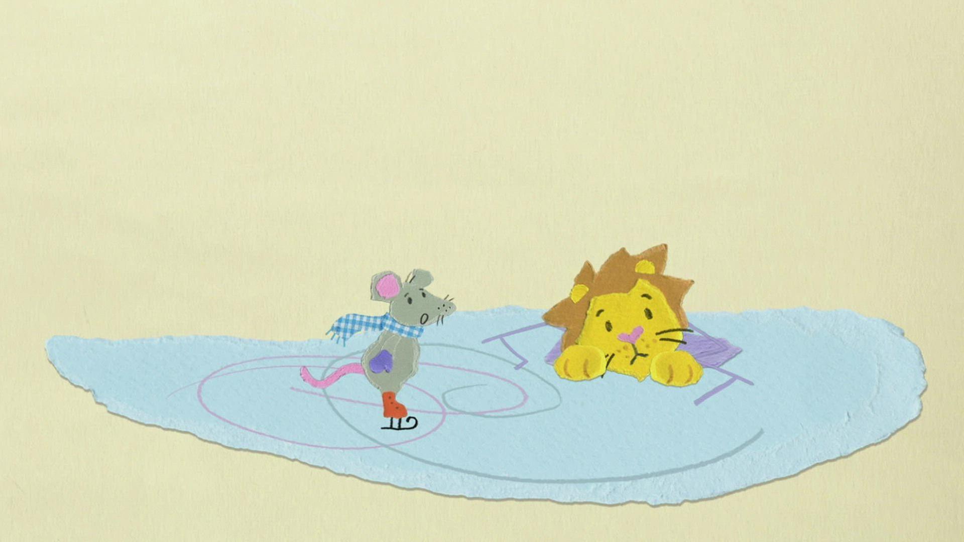 Die kleine Maus und der Löwe fahren Schlittschuh