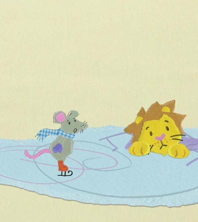 Die kleine Maus und der Löwe fahren Schlittschuh