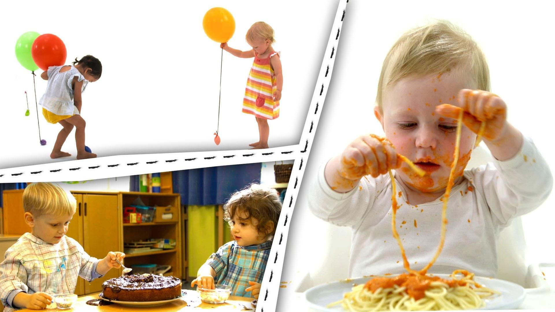 Kleine Kinder haben Spaß mit Ballons, Nudeln und Kuchen