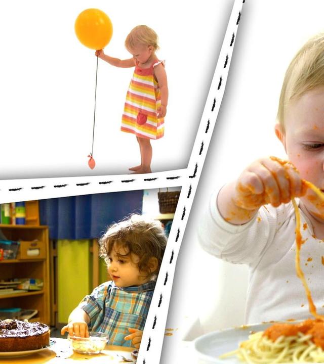 Kleine Kinder haben Spaß mit Ballons, Nudeln und Kuchen