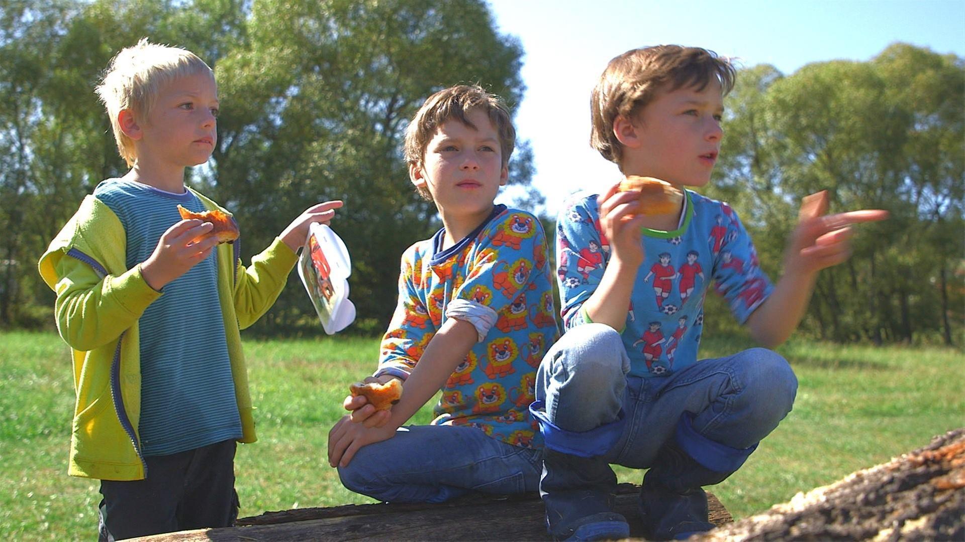 Pelle, Rasmus und Leo bauen einen Staudamm