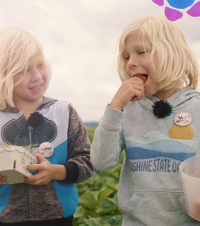 Sunny und Mika pflücken Erdbeeren