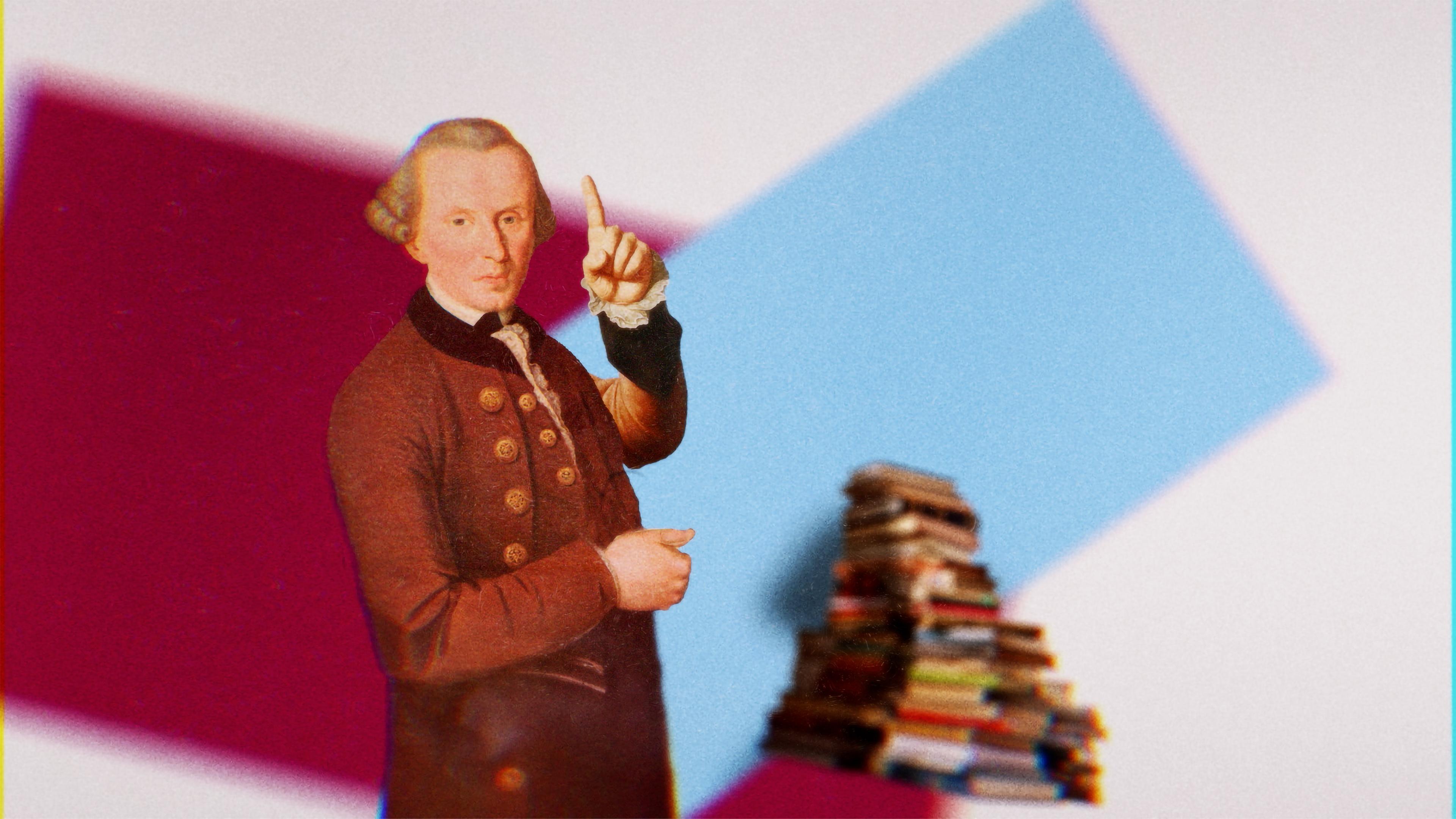 Das zusammen montierte Bild zeigt eine historische Grafik von einem Mann mit Perücke und Gehrock, der einen Zeigefinger hoch hält neben einem Bücherstapel.