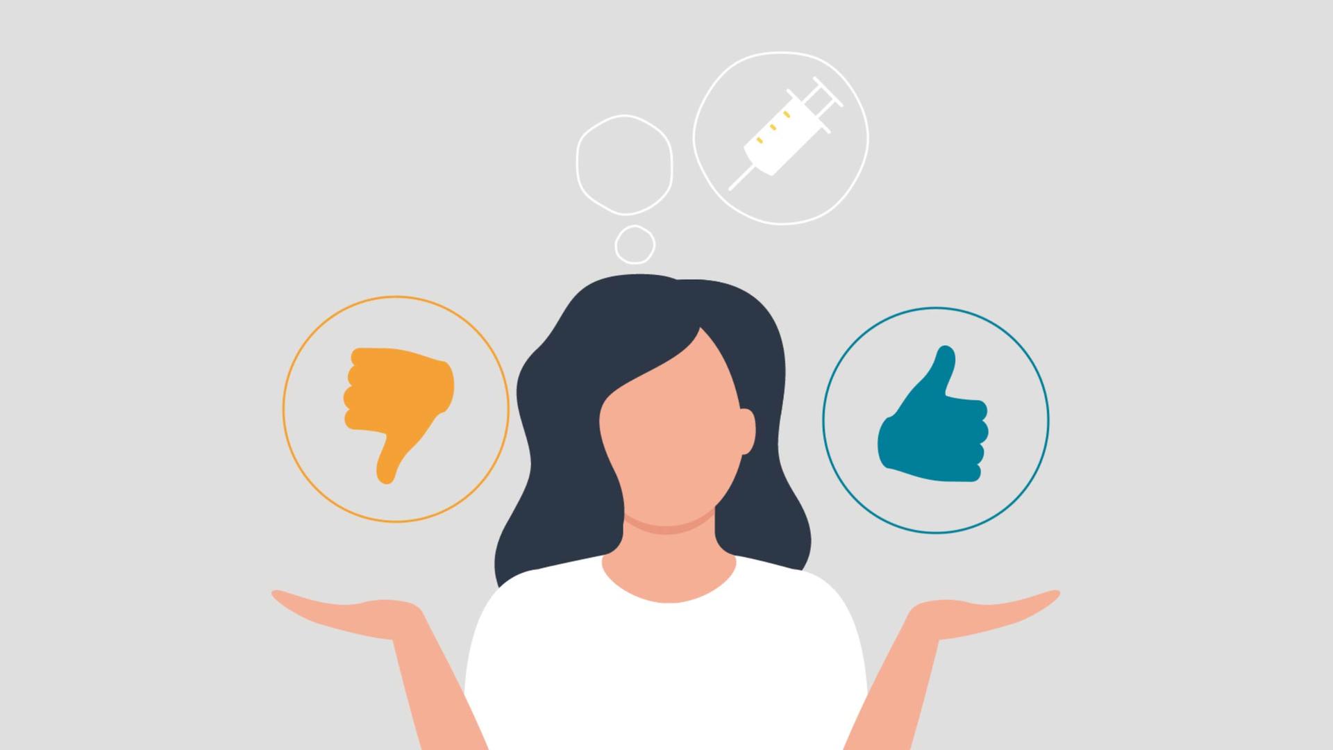 Auf der Illustration ist eine Frau zu sehen, die beide Arme zur Schulter zieht. Über der linken Hand schwebt ein Symbol mit Daumen runter, über der rechten Hand schwebt ein Symbol mit Daumen hoch. 