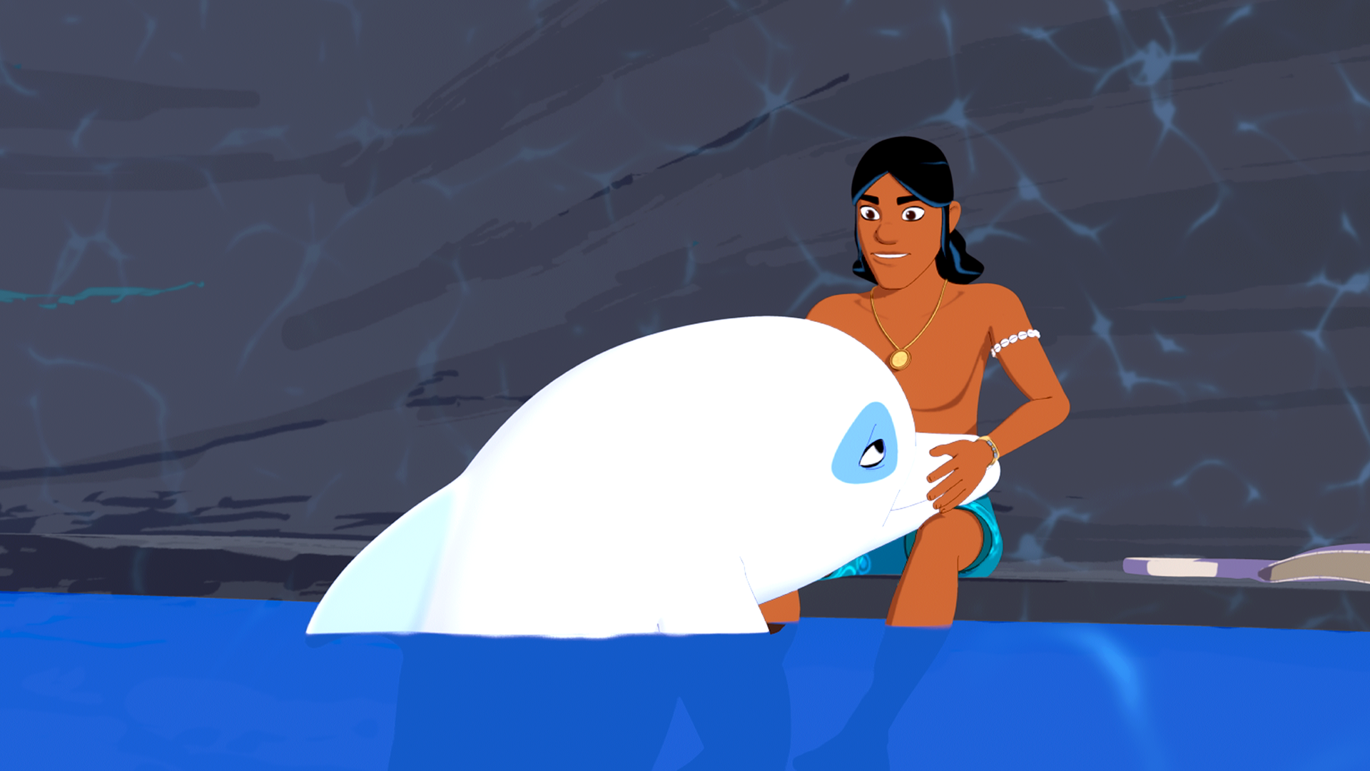 Zoom und Auru sind in einer Höhle gefangen. Auru sitzt auf einem Felsvorsprung und hat Zooms Kopf auf seinem Schoß, um den Delfin zu beruhigen.