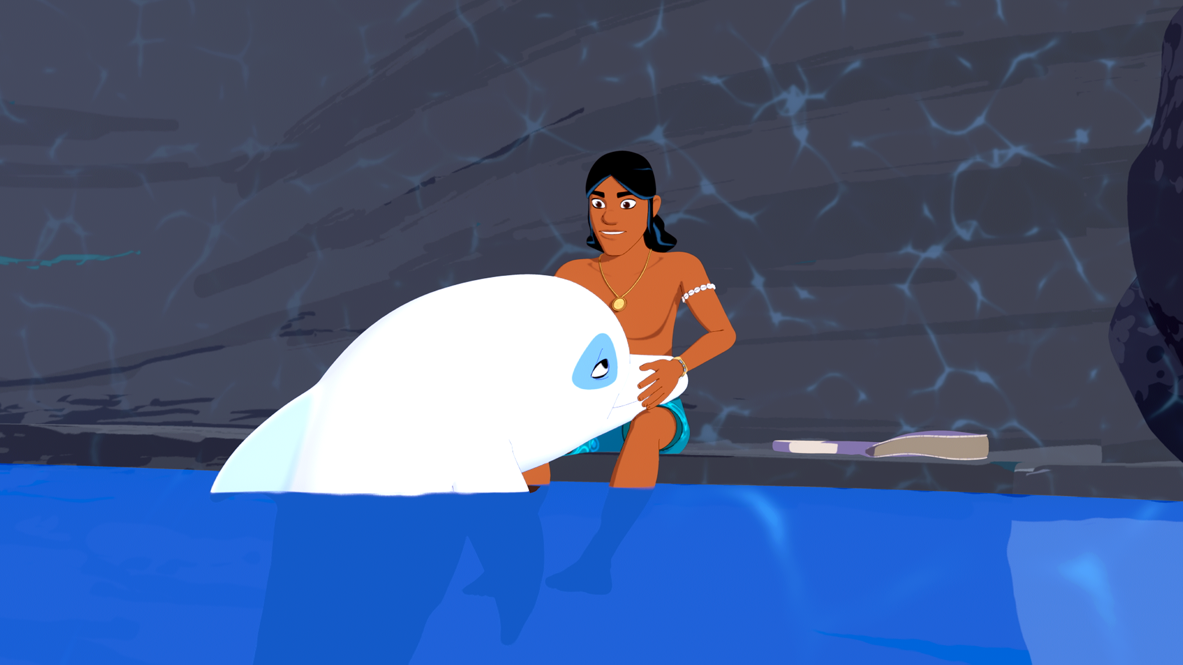 Zoom und Auru sind in einer Höhle gefangen. Auru sitzt auf einem Felsvorsprung und hat Zooms Kopf auf seinem Schoß, um den Delfin zu beruhigen.