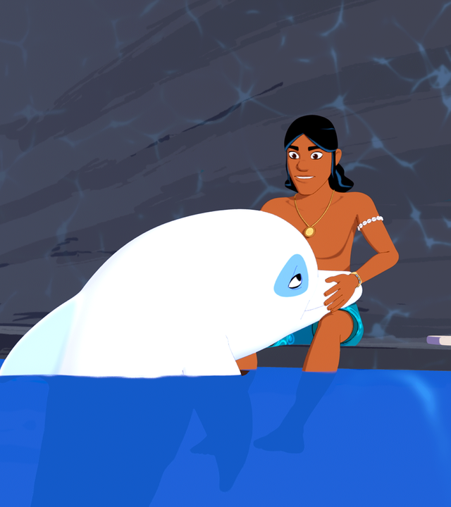 Zoom und Auru sind in einer Höhle gefangen. Auru sitzt auf einem Felsvorsprung und hat Zooms Kopf auf seinem Schoß, um den Delfin zu beruhigen.