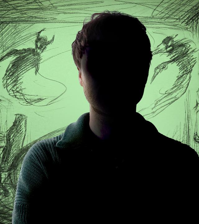 Die Silhouette eines Mannes ist zu erkennen, dessen Gesicht mit einem dunklen Schatten verdeckt wird. Der Hintergrund ist grün mit schwarzen Zeichnungen drauf. Unter anderem ein Schreibtisch und Bürostuhl und teuflische Schatten-Silhoutten, die durch den Raum wabern.