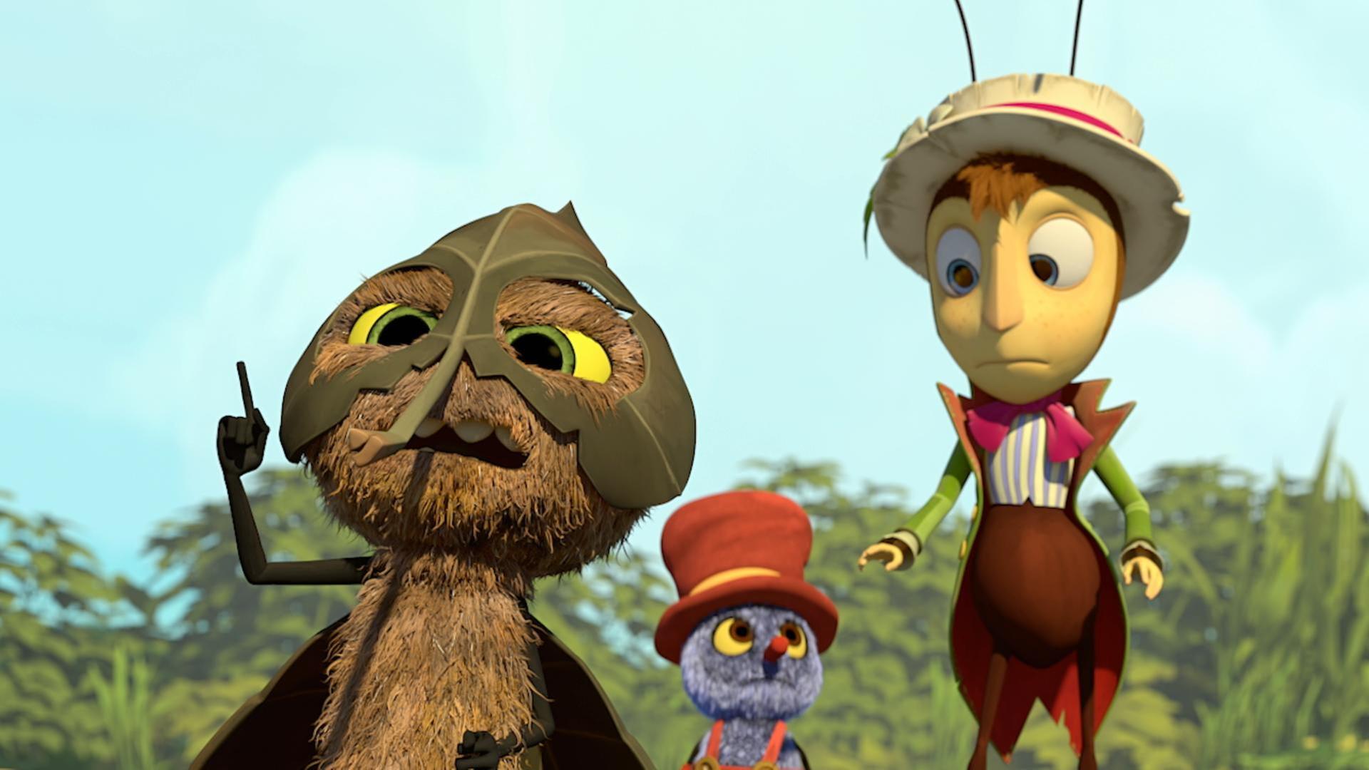 Motte Incognito (links) hat den rechten Zeigefinger erhoben. Laus Klaus (Mitte) und Grille Gregor (rechts) sehen einander ratlos an.